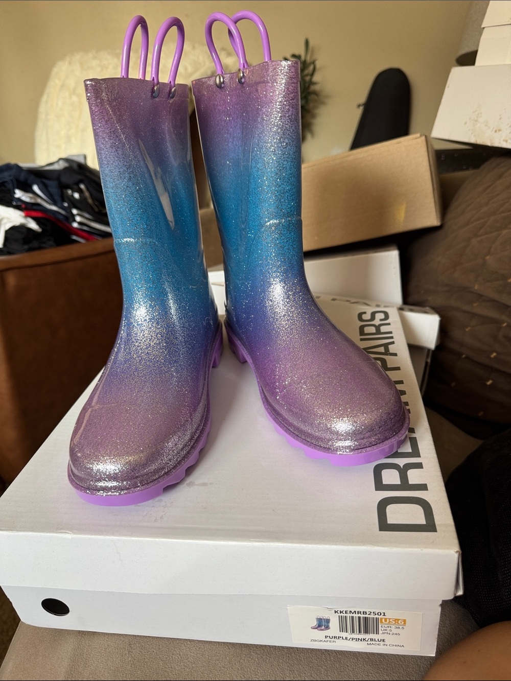 Dream Pairs Kids Gradient Glitter Rain Boots - Purple & Blue